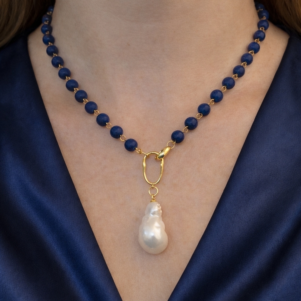 Genuine Baroque Pearl Drop Necklace Lapis Lazuli 18K Gold Plated June Birthstone